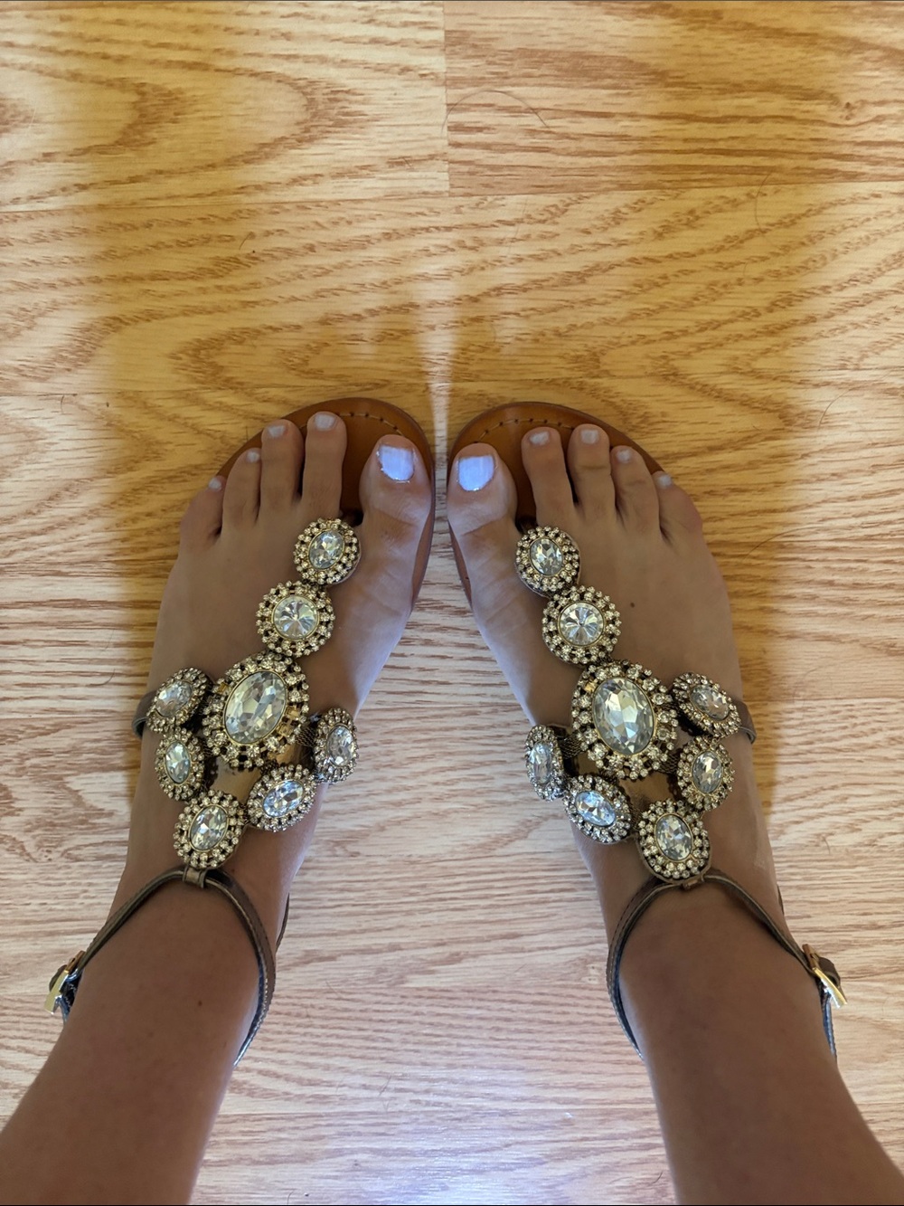 Vince Camuto Tan T-Strap Sandals with Crystal Clusters